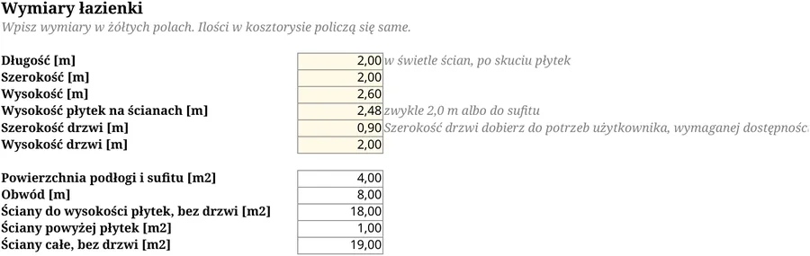 KB-07 Kosztorys remontu łazienki, arkusz „Wymiary”: powierzchnie posadzki, ścian i płytek liczą się z wymiarów